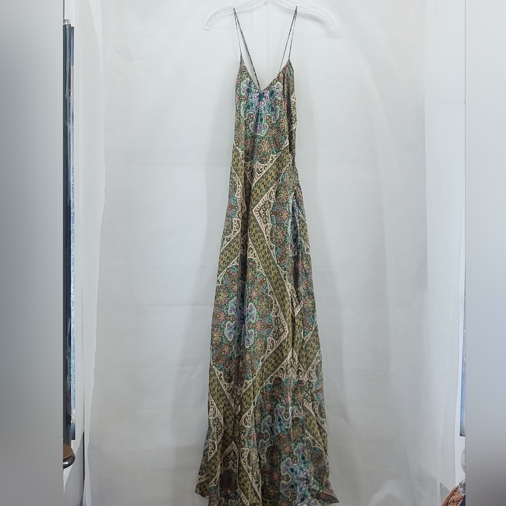 NICOLE by NICOLE MILLER 100% Silk Floral Paisley Criss-Cross Maxi Dress